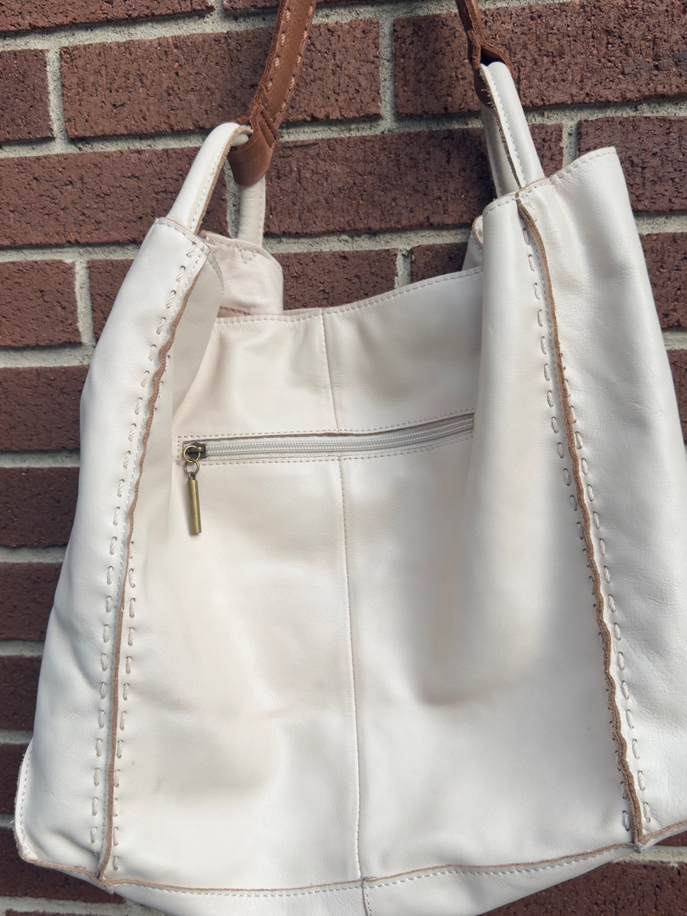 The Sal Los Feliz large Cream Leather Shoulder Tote Bag with Brown Handles